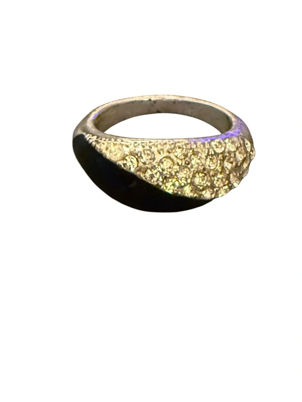 Vintage Avon NRT Black Enamel & Clear Rhinestone Pave' Ring Sz 8 Silver Tone